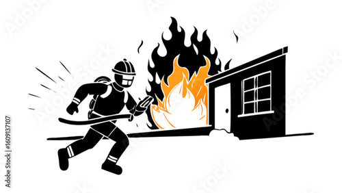 Firefighter in action extinguishing house fire emergency service vector illustration safety and rescue operation