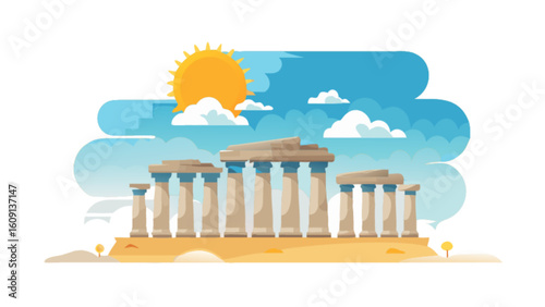 Ancient greece parthenon temple ruins with sun and clouds vector illustration travel landmark architecture