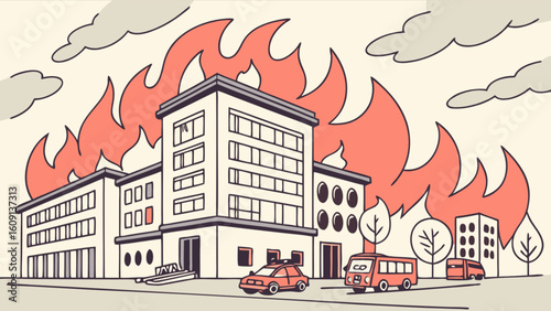Cartoon building on fire emergency disaster with flames and smoke illustration for safety awareness campaign