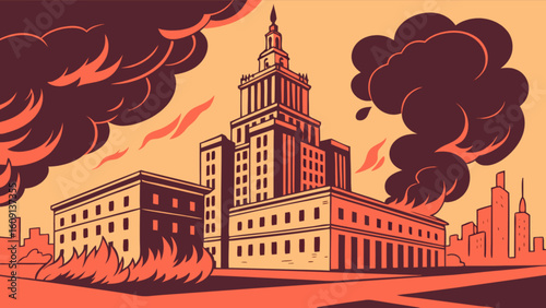 Burning city building disaster illustration with smoke and fire in cityscape design art style