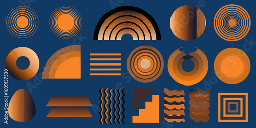 Abstract geometric shapes and patterns in orange and brown on blue background