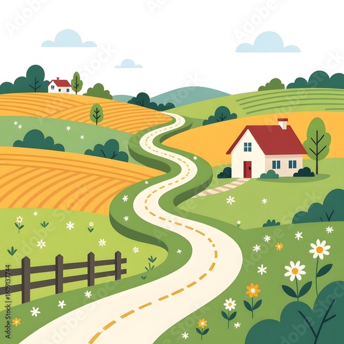 Scenic Countryside Road Leading to Cozy Homes
