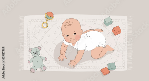 Cute illustrated baby learning to crawl on a nursery rug surrounded by colorful toys.