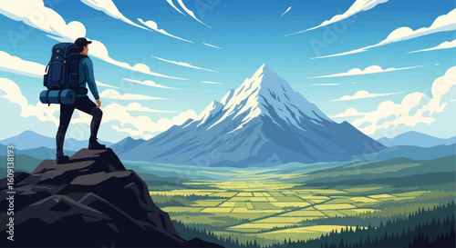 A lone adventurer with a backpack reaches a summit, gazing at a vast mountain landscape.