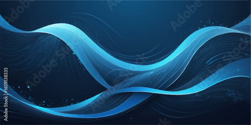 Abstract flowing blue waves create a dynamic, swirling backdrop with a delicate, technological energy and a fractal light pattern