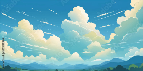 Sunlight breaks through the bright white clouds blanketing a beautiful blue mountain landscape