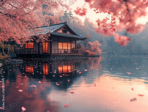 A Serene Japanese Spring Evening at a Traditional Lakeside Pavilion, Bathed in the Soft Glow of Cherry Blossoms and Their Reflections on Tranquil Waters.