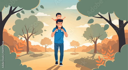 A loving father carries his joyful son on shoulders for a walk in a beautiful park