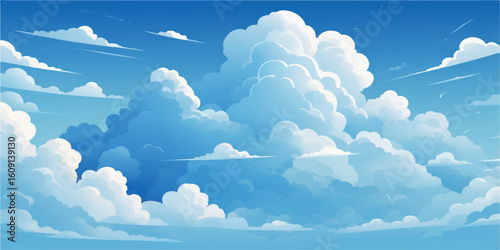 Bright blue sky with fluffy white clouds, a beautiful daytime cloudscape in nature