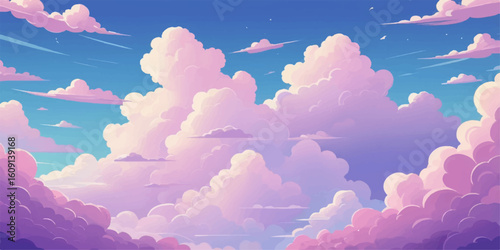 Bright blue sky with fluffy white clouds drifts beautifully over majestic mountains