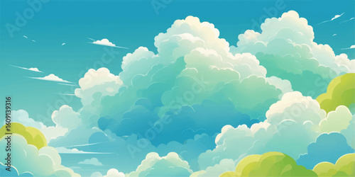 Blue sky with white fluffy clouds, a beautiful and bright nature cloudscape on a clear summer day