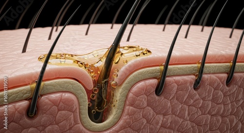 Close-up view of a hair follicle with sebum and skin cells, illustrating scalp health
