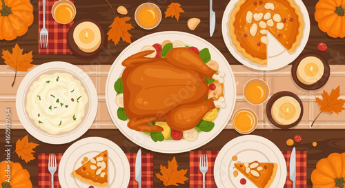 Festive Thanksgiving Feast Top-Down View of a Delicious Turkey Dinner Spread