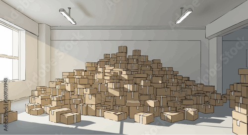 Large Pile of Cardboard Boxes in Warehouse