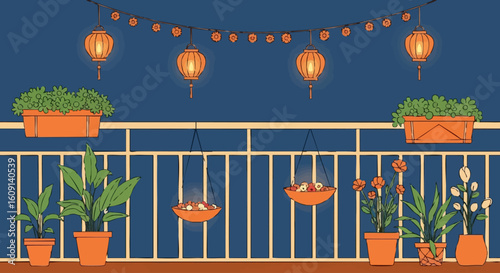 A decorative home balcony with potted plants and glowing orange lanterns for evening ambiance.