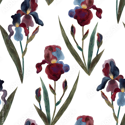 Seamless watercolor pattern of iris flowers with leaves, stems, and buds in shades of blue, burgundy, and pink on a white background. Elegant and floral, perfect for textile designs, wallpaper, and