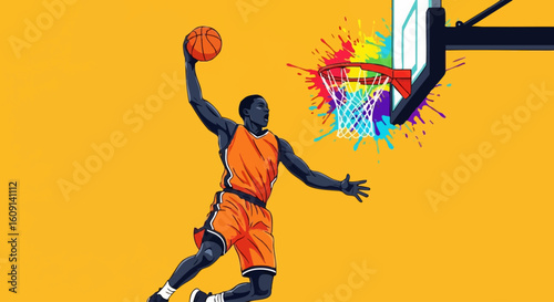Dynamic Basketball Player Slam Dunking with Vibrant Artistic Splatters and Energetic Motion