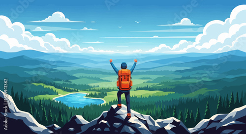 Adventurous traveler on a mountain top, a journey's reward with a stunning scenic panorama.