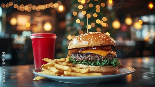 Classic burger served with golden fries paired with a red soda cup set against an elegant restaurant ambiance backdrop featuring warm lighting and decorative greenery