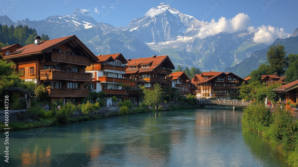 Naklejka premium Alpine village by a river, mountain backdrop