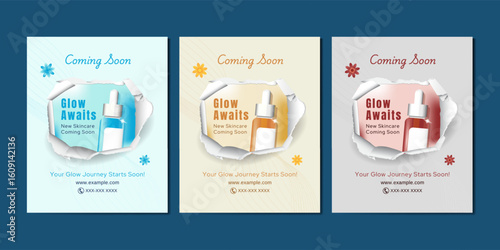 Minimal and elegant Coming Soon skincare teaser posters. Perfect for beauty brand promotions, product pre-launch, and digital marketing campaigns.
