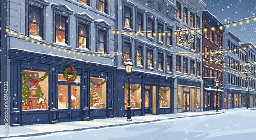 Snowy Christmas City Street Scene