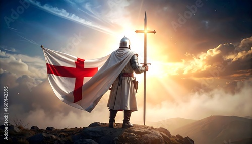 Crusader on a mountaintop, radiant sun