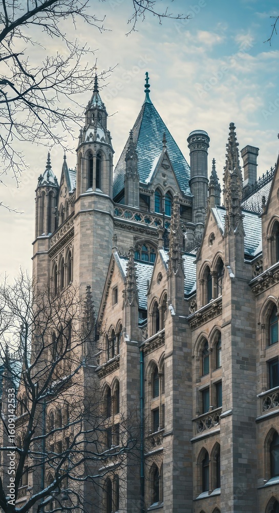 Fototapeta premium Ornate Gothic Architecture with Blue Roof and Bare Trees
