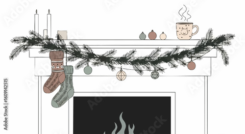 Cozy Christmas fireplace mantel illustration with festive garland, stockings, and a warm drink