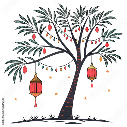 exotic moroccan themed christmas tree with vibrant lanterns and intricate patterns, truly unique.