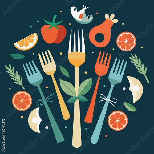 Vibrant flat design of various colorful forks surrounding fresh fruits and vegetables.