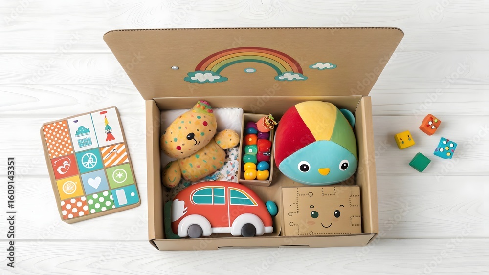 Obraz premium A cardboard box filled with colorful toys including a plush bear and wooden car toy