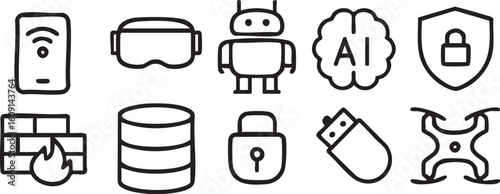 Technology Icons Set AI Robots VR Security Data.