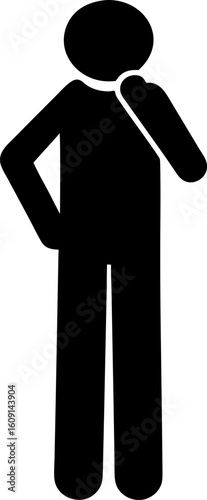 Stick figure thinking with hand on chin, black silhouette of contemplation on white