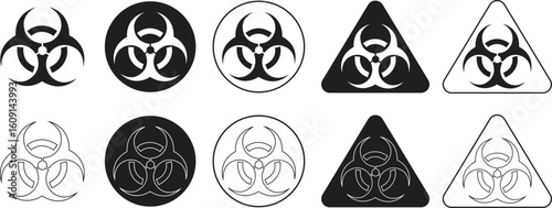 Biohazard flat and line icons set. Hazard symbol collection, toxic waste group, radioactive contamination, infection alert, poison danger, virus warning, medical quarantine, emergency science label.