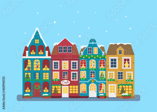 Vector illustration of european winter town. Flat design. Old houses.
