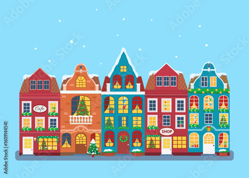 Vector illustration of european winter town. Flat design. Old houses.