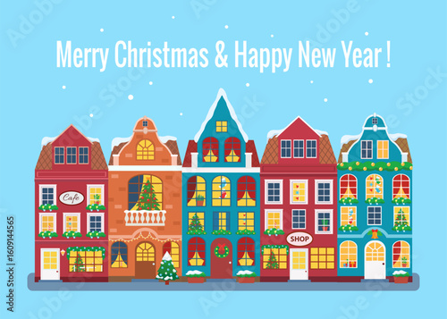 Vector illustration of european winter town. Flat design. Old houses.