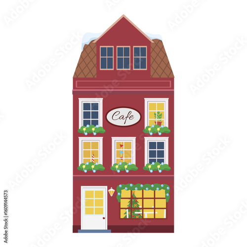 Winter Christmas european house vector flat illustration