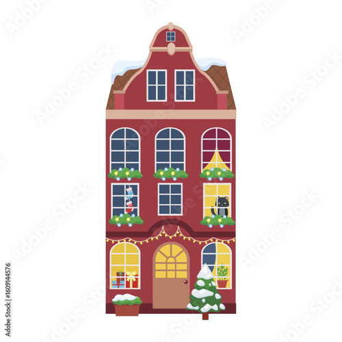 Winter Christmas european house vector flat illustration