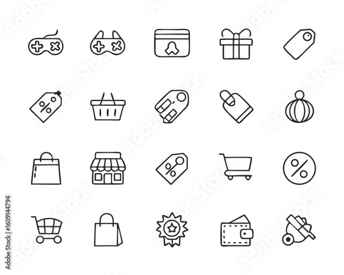 Collection of thin line icons representing shopping and e commerce elements