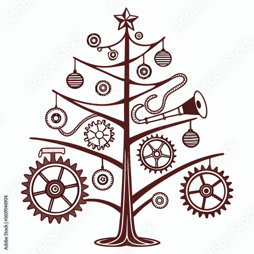 creative steampunk christmas tree with gears, pipes, and metallic accents, truly unique.