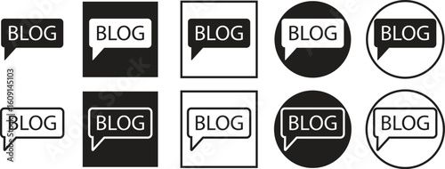 Set of blog icons in flat and line vector styles. Blogging collection, post and article writing group, web content creation, SEO tags, digital media, comment bubble, and publishing tools.