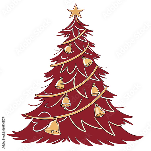 luxurious velvet red christmas tree with golden bells, a rich and opulent holiday display.