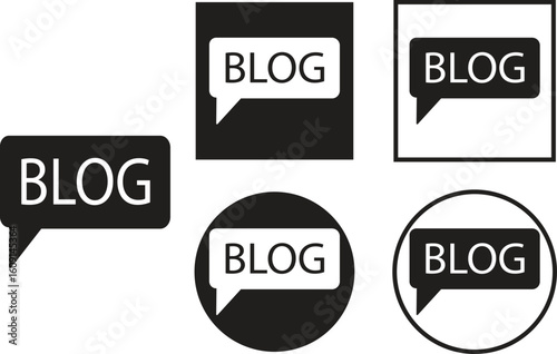 Set of blog icons in flat vector styles. Blogging collection, post and article writing group, web content creation, SEO tags, digital media, comment bubble, and publishing tools.