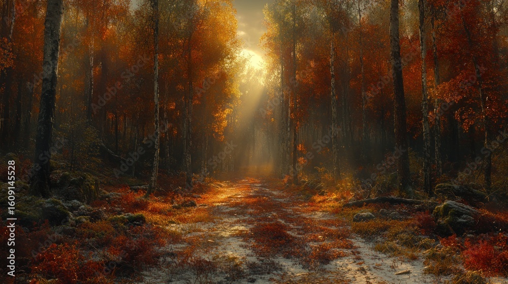 Obraz premium Autumn forest path, sunlit