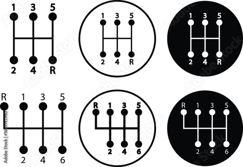 Set of car transmission icons vectors in trendy black flat and line styles. Gearbox symbol collection, shifting lever group, manual drive gear set for UI interface and automotive design elements.