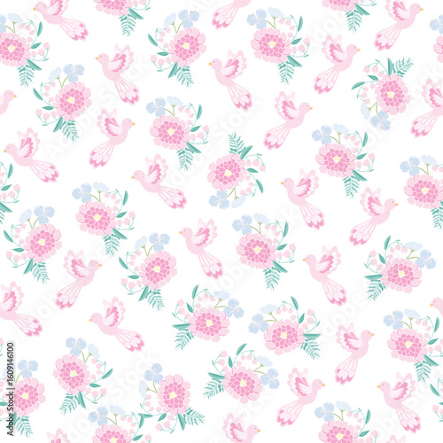 coquette seamless pink and blue flowers pattern. Delicate petals and vibrant blossoms create an artistic and vintage botanical illustration. pastel flower seamless pattern