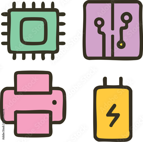 Colorful computer hardware and electronics icon set.
