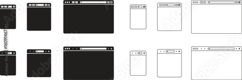 Browser website window icons set for mobile, tablet, and laptop devices. Responsive UI screen group, interface design collection, web page layout set in flat and line vector illustration styles.